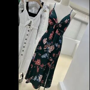 Elegant Green Floral Midi Dress with Tie Front, Spaghetti Straps, and Slit